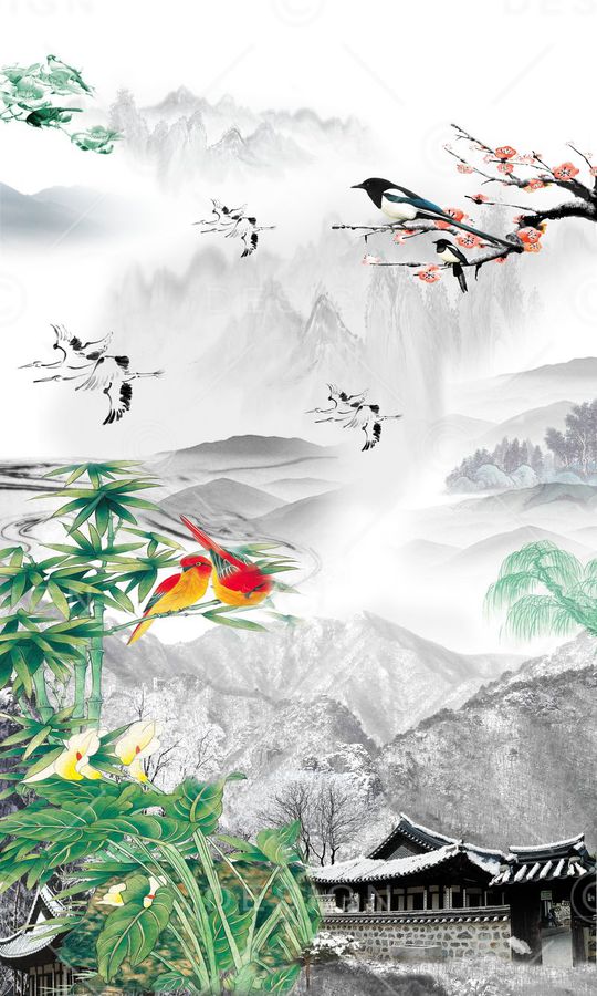 中国风 山鸟图 服装 家纺 窗帘 旗袍 长裙印花华亿平台图片