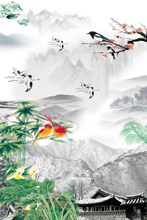 中国风 山鸟图 服装 家纺 窗帘 旗袍 长裙印花华亿平台图片