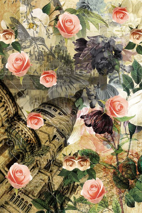 复古建筑 玫瑰花卉 油画花卉印花华亿平台图片