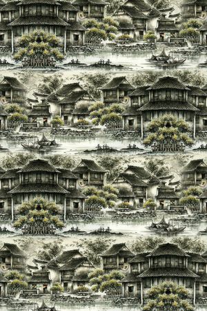 中国风 江南水乡 复古 服装 家纺 窗帘印花华亿平台图片