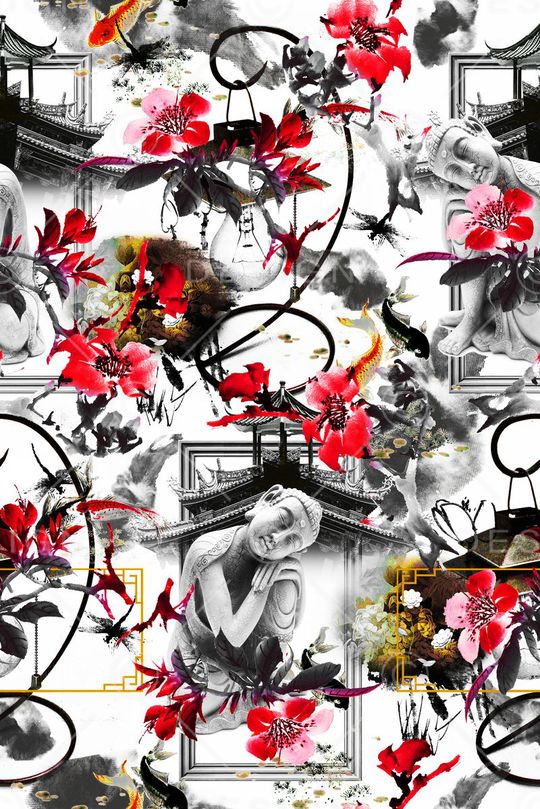 抽象 鱼 建筑 兰花印花华亿平台图片