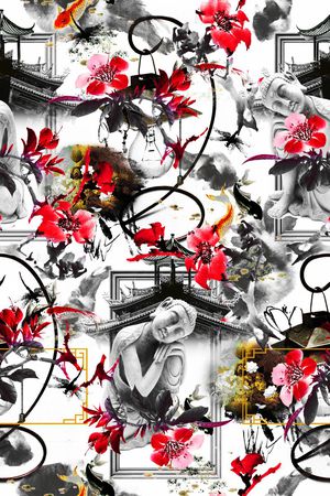 抽象 鱼 建筑 兰花印花华亿平台图片