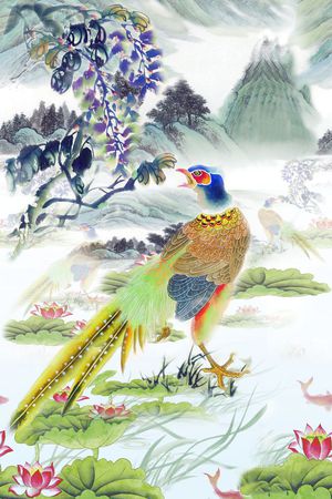 山水 荷花 孔雀印花华亿平台图片