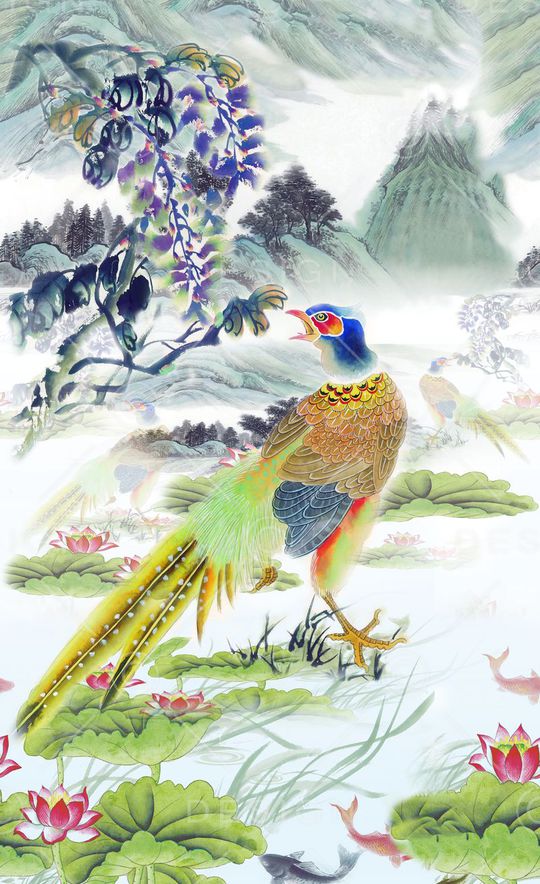 山水 荷花 孔雀印花华亿平台图片