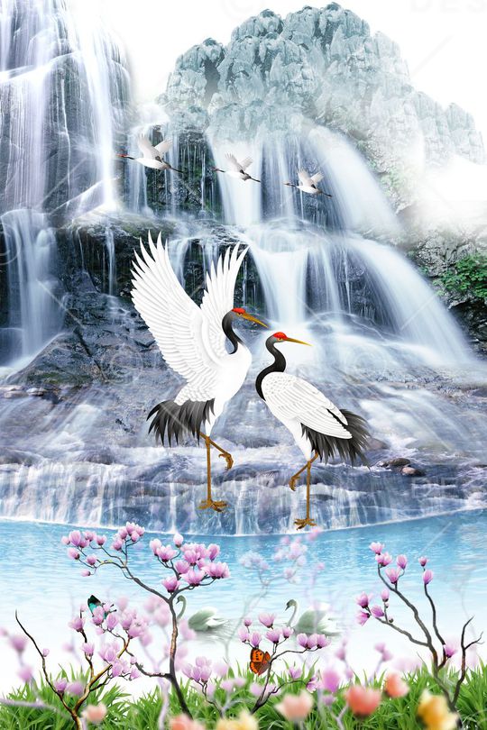 定位复古瀑布仙鹤印花华亿平台图片