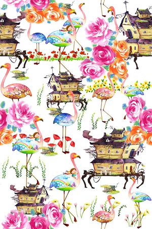 流行时尚 潮流 卡通 手绘花卉组合 童装 服装印花华亿平台图片