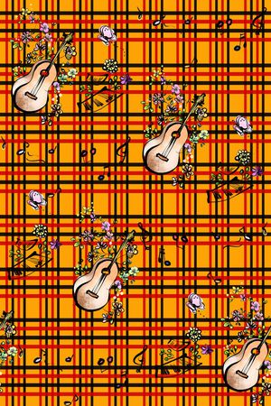 流行时尚 潮流 卡通 格子 花卉吉他插画组合 童装 服装印花华亿平台图片