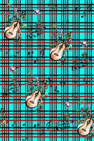 流行时尚 潮流 卡通 格子 花卉吉他插画组合 童装 服装印花华亿平台图片