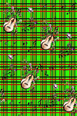 流行时尚 潮流 卡通 格子 花卉吉他插画组合 童装 服装印花华亿平台图片