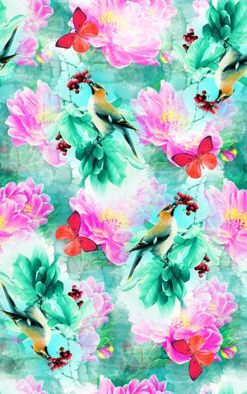 543414-抽象中国风手绘花鸟蝴蝶图案