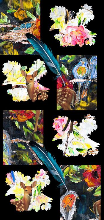 543746-抽象油画花卉花鸟鹿羽毛图案