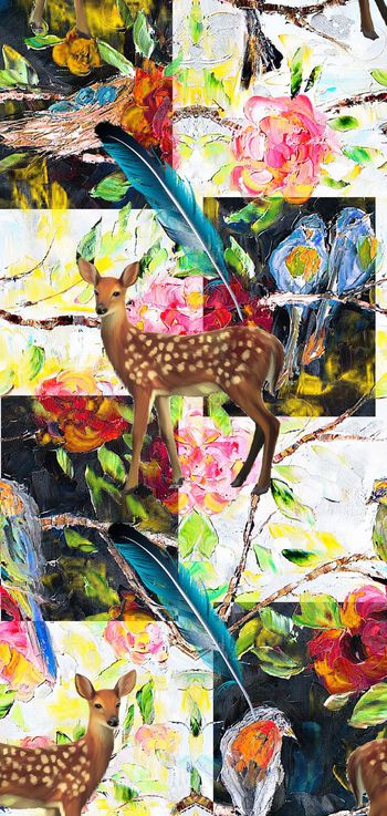 543747-抽象油画花卉花鸟鹿羽毛图案