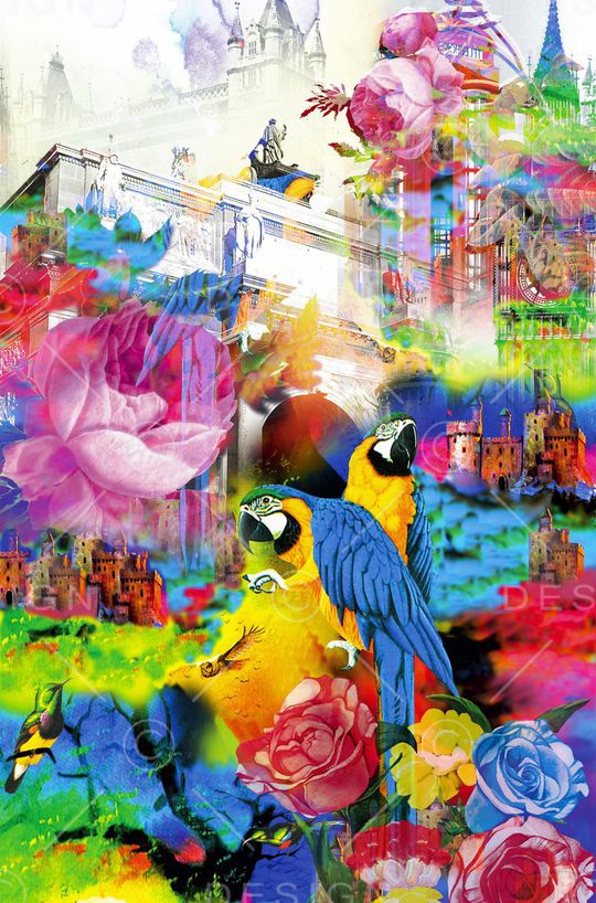 抽象花鸟 建筑印花华亿平台图片