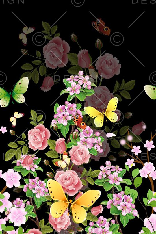 中国风定位亮彩蝴蝶梅花印花华亿平台图片