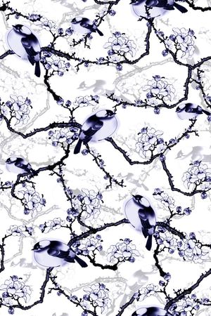 手绘 时尚 中国风 水彩 水墨 花鸟印花华亿平台图片