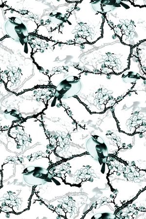 手绘 时尚 中国风 水彩 水墨 花鸟印花华亿平台图片