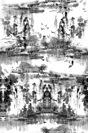 中国风 手绘水墨山水画  服装 男装 衬衣 商务衬衫印花华亿平台图片