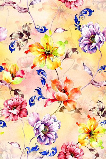 545326-水彩田园风罂粟牡丹晕染花卉