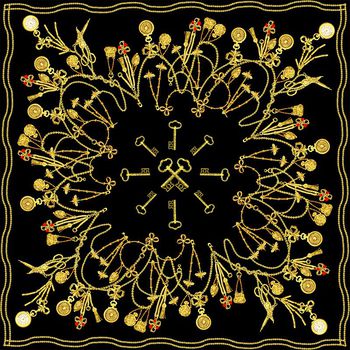 546590-复古大牌女士方巾 金属铁链  欧式