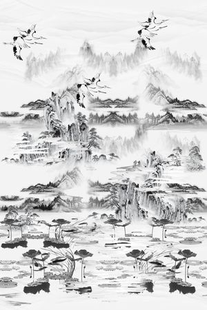 中国风 手绘水墨山水画 服装 旗袍 男装衬衣 窗帘 壁画印花华亿平台图片