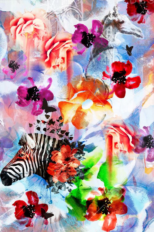 斑马 长颈鹿 抽象色块 抽象花卉印花华亿平台图片