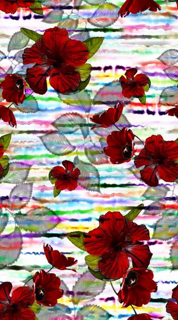 547344-阿拉伯风格 水彩条纹 花卉组合 树