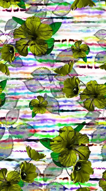 547345-阿拉伯风格 水彩条纹 花卉组合 树