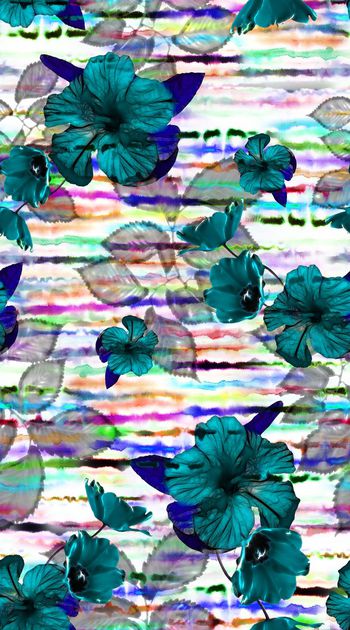 547346-阿拉伯风格 水彩条纹 花卉组合 树