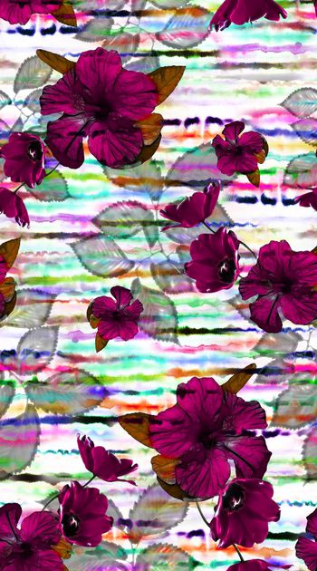 547347-阿拉伯风格 水彩条纹 花卉组合 树