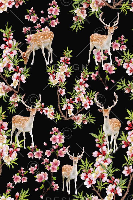 黑底中国风梅花与梅花鹿结合印花华亿平台图片