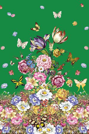 定位绿底手绘豹纹复古花印花华亿平台图片