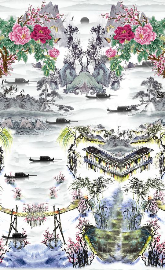 中国风 田园山水画印花华亿平台图片