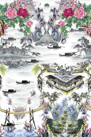 中国风 田园山水画印花华亿平台图片