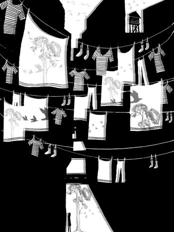 549678-抽象手绘房子飞鸟人物插画图案