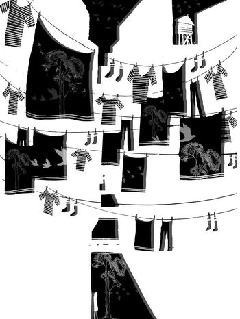 549679-抽象手绘房子飞鸟人物插画图案