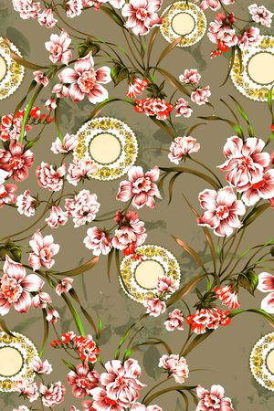 复古兰花花卉 青花纹样印花华亿平台图片