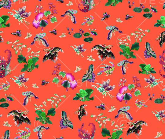 原创手绘蝴蝶花印花华亿平台图片