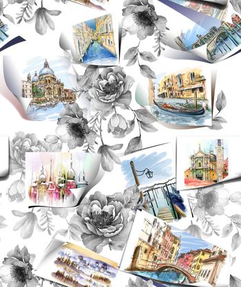 550015-手绘威尼斯小镇  清新花卉  家纺