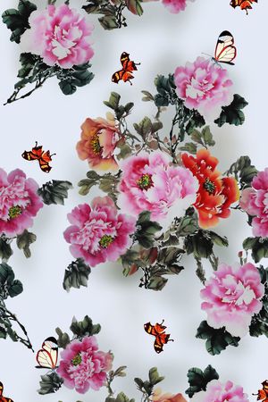国画 牡丹花 蝴蝶印花华亿平台图片