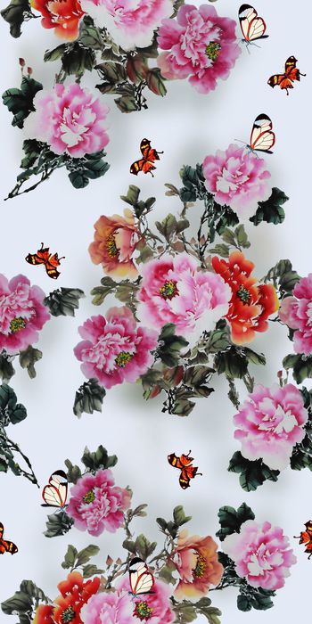 551745-中国画 牡丹花 蝴蝶 丝绸 棉布 