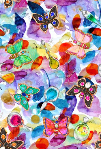 551882- 复古 手绘 水彩 花卉 珠宝 香