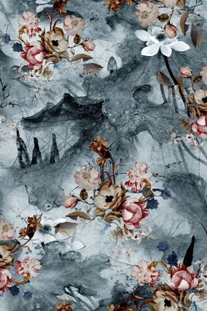 水墨荷叶底纹印花华亿平台图片