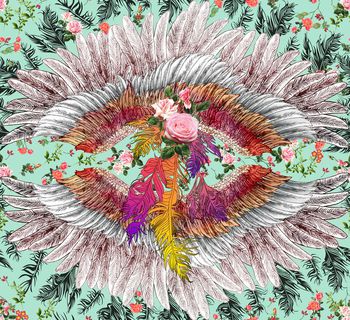 552139-欧美时尚潮流手绘线条羽毛花卉印花Y