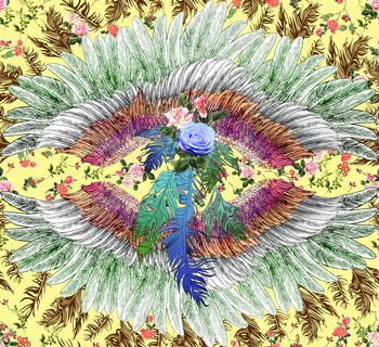 552144-欧美时尚潮流手绘线条羽毛花卉印花Y