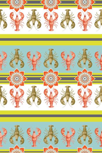 552204-海洋元素条纹龙虾民族花纹趣味华亿平台