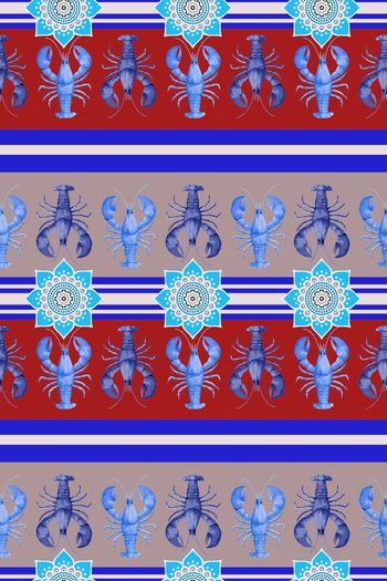 552205-海洋元素条纹龙虾民族花纹趣味华亿平台