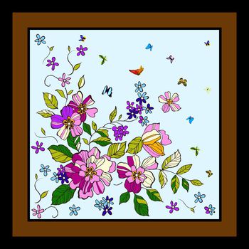 554114-清雅花卉蝴蝶方巾华亿平台