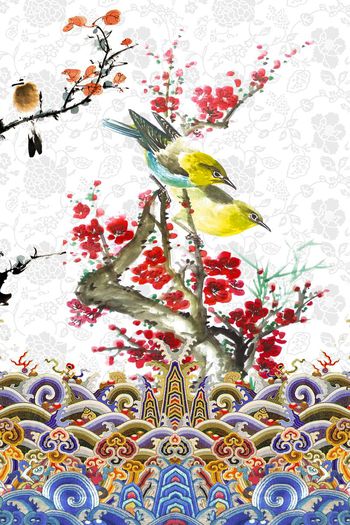 554425-中国民族风云纹水墨梅雀定位印花 旗