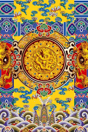 554469-中国民族风云纹金龙民族几何定位印花