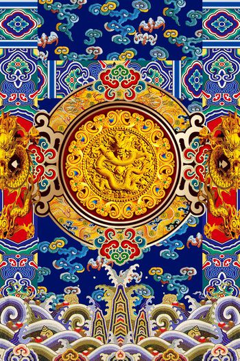 554470-中国民族风云纹金龙民族几何定位印花